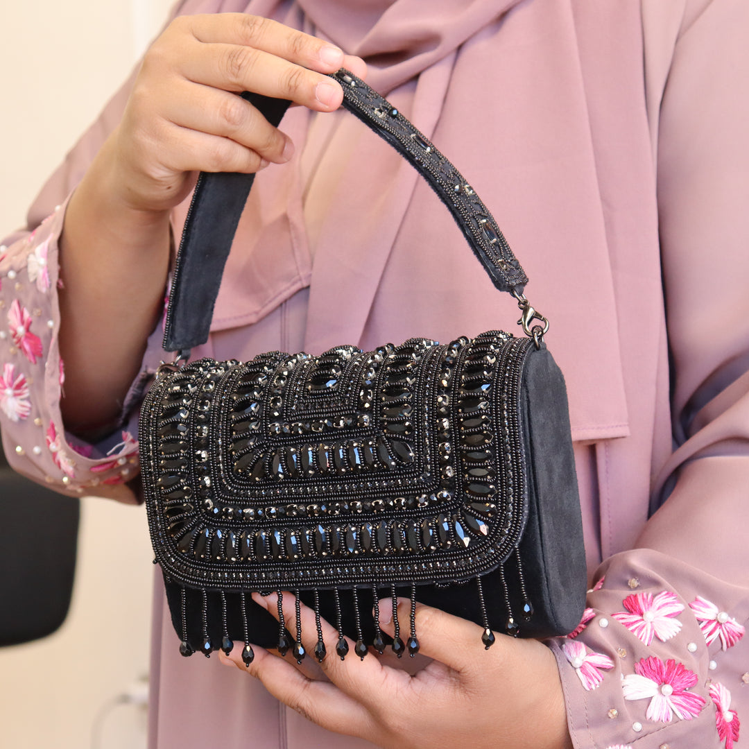 Black Stone and Crystal Flap Bag [C102623]