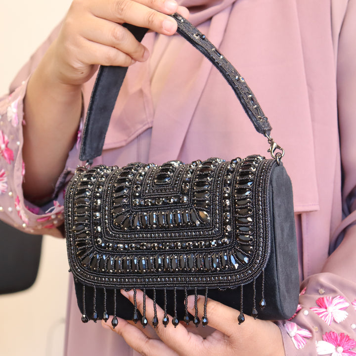 Black Stone and Crystal Flap Bag [C102623]