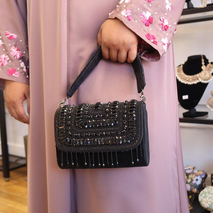 Black Stone and Crystal Flap Bag [C102623]