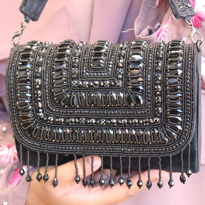 Black Stone and Crystal Flap Bag [C102623]