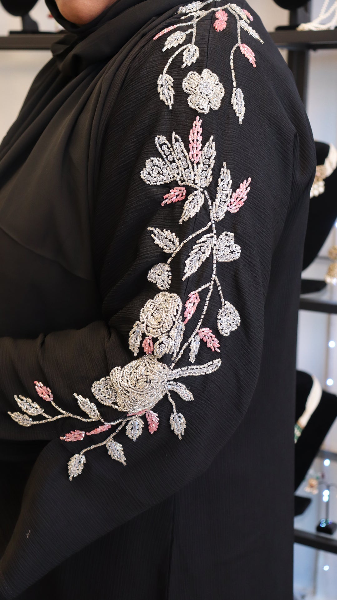 Black Premium Korean Zoom Abaya with Zardozi Work [SKU: A010854]