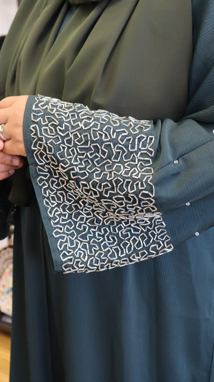 Green Premium Elegant Designer Abaya In Korean Zoom Fabric with Matching Georgette Hijab. [SKU A100400]