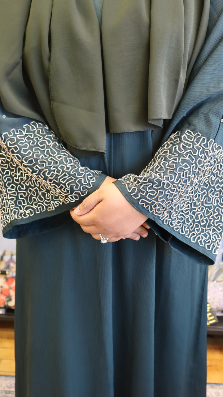 Green Premium Elegant Designer Abaya In Korean Zoom Fabric with Matching Georgette Hijab. [SKU A100400]