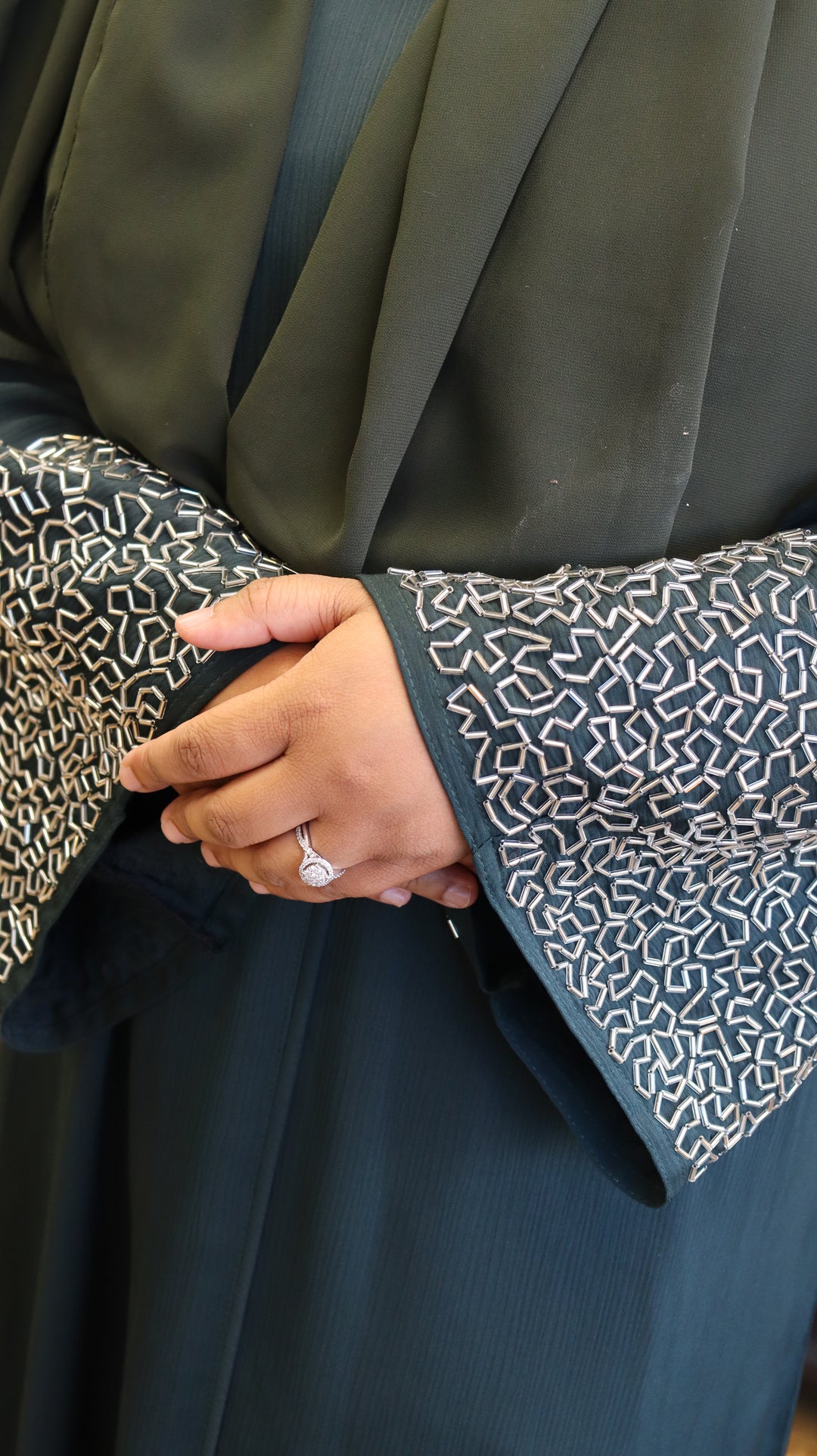 Green Premium Elegant Designer Abaya In Korean Zoom Fabric with Matching Georgette Hijab. [SKU A100400]