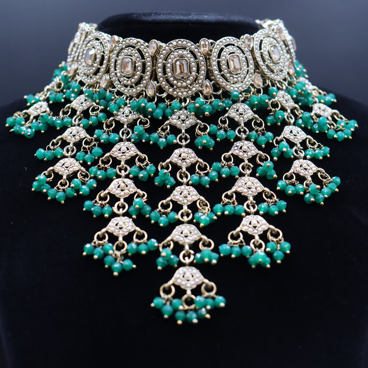 Green Premium Quality Reverse AD Stone Work Choker Set [SKU: N011012]