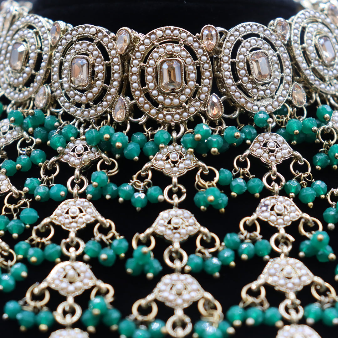 Green Premium Quality Reverse AD Stone Work Choker Set [SKU: N011012]