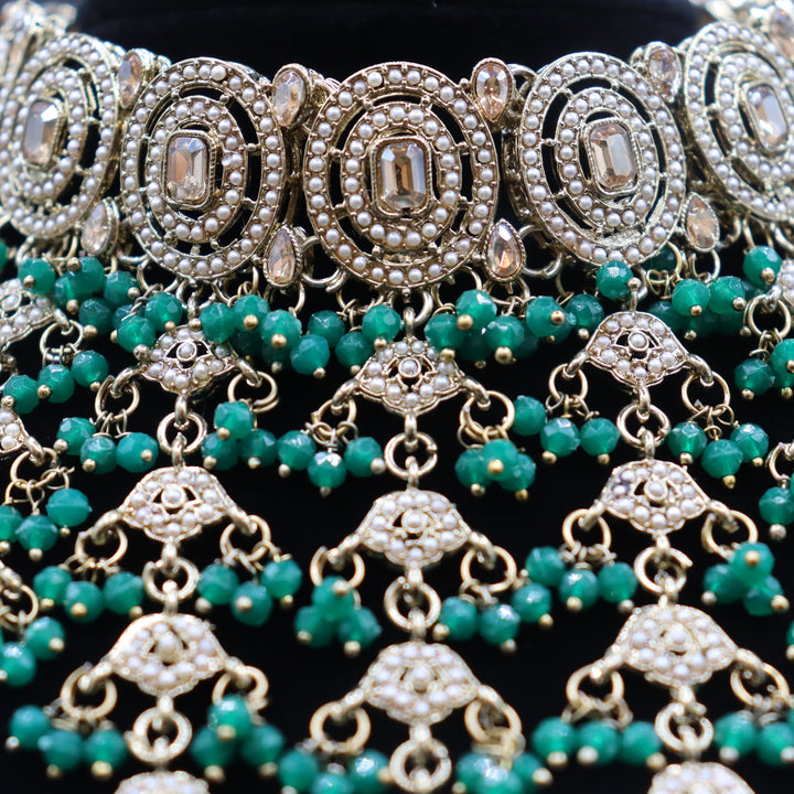 Green Premium Quality Reverse AD Stone Work Choker Set [SKU: N011012]