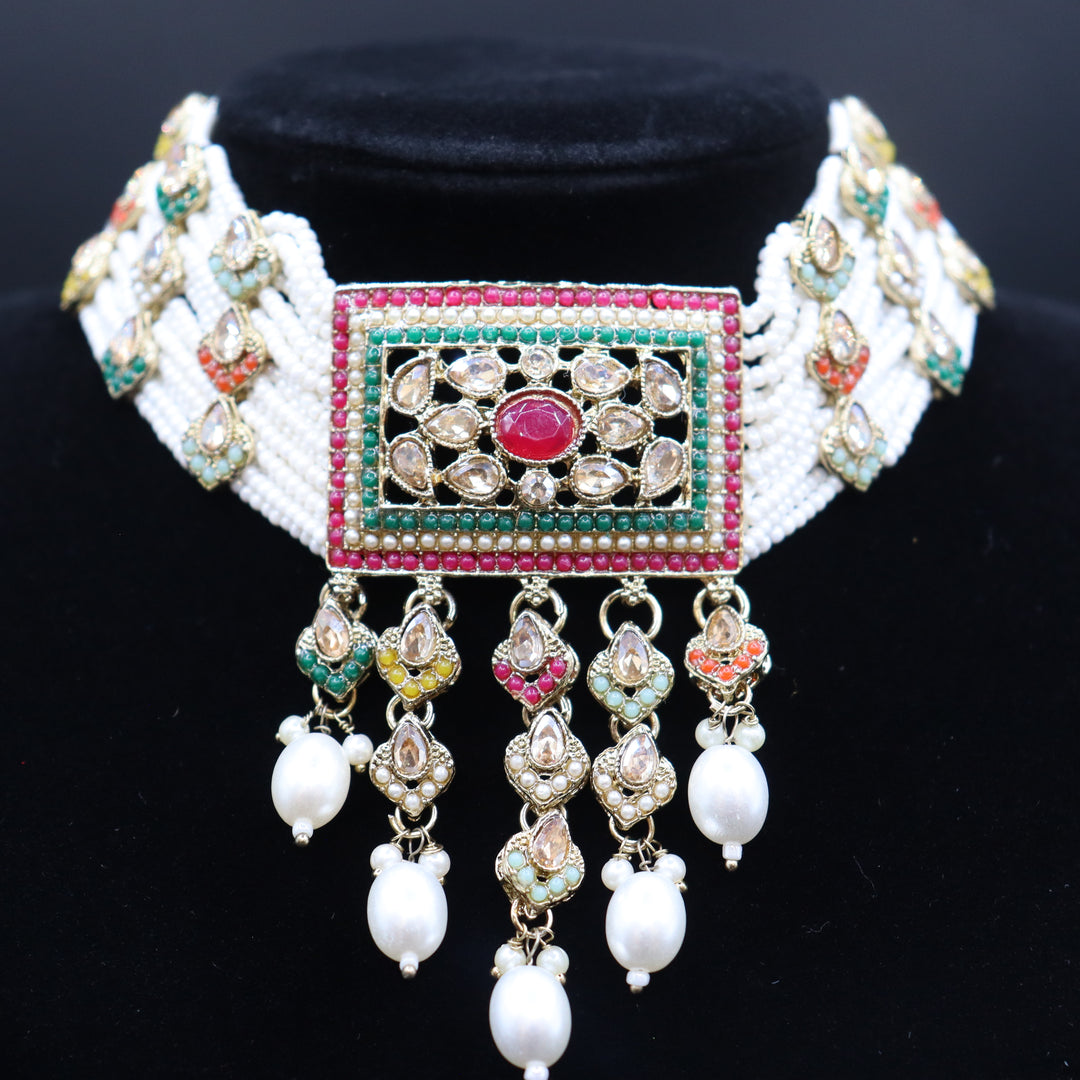 Terra Cotta Premium Quality Reverse AD Stone Worked Pakistani Choker Set [SKU: N011181]