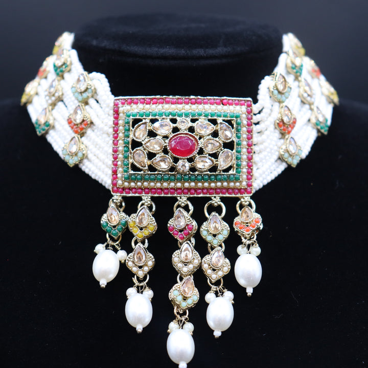 Terra Cotta Premium Quality Reverse AD Stone Worked Pakistani Choker Set [SKU: N011181]