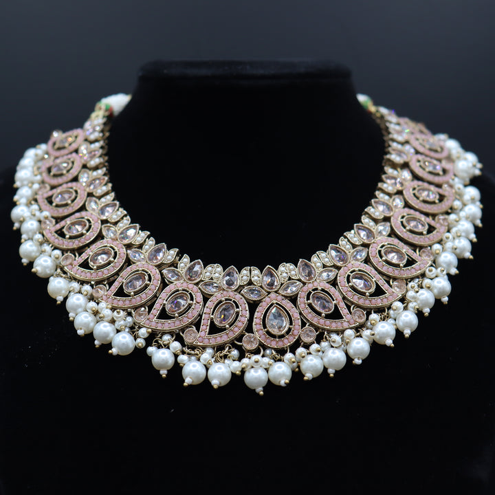 Rose Gold Premium Quality  Reverse AD Stone Worked Necklace Set [SKU: N010371]