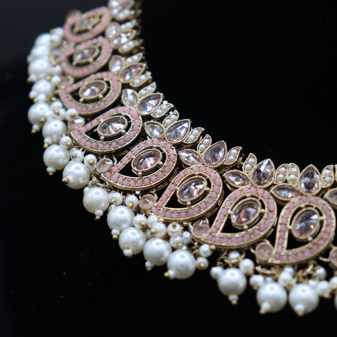 Rose Gold Premium Quality  Reverse AD Stone Worked Necklace Set [SKU: N010371]