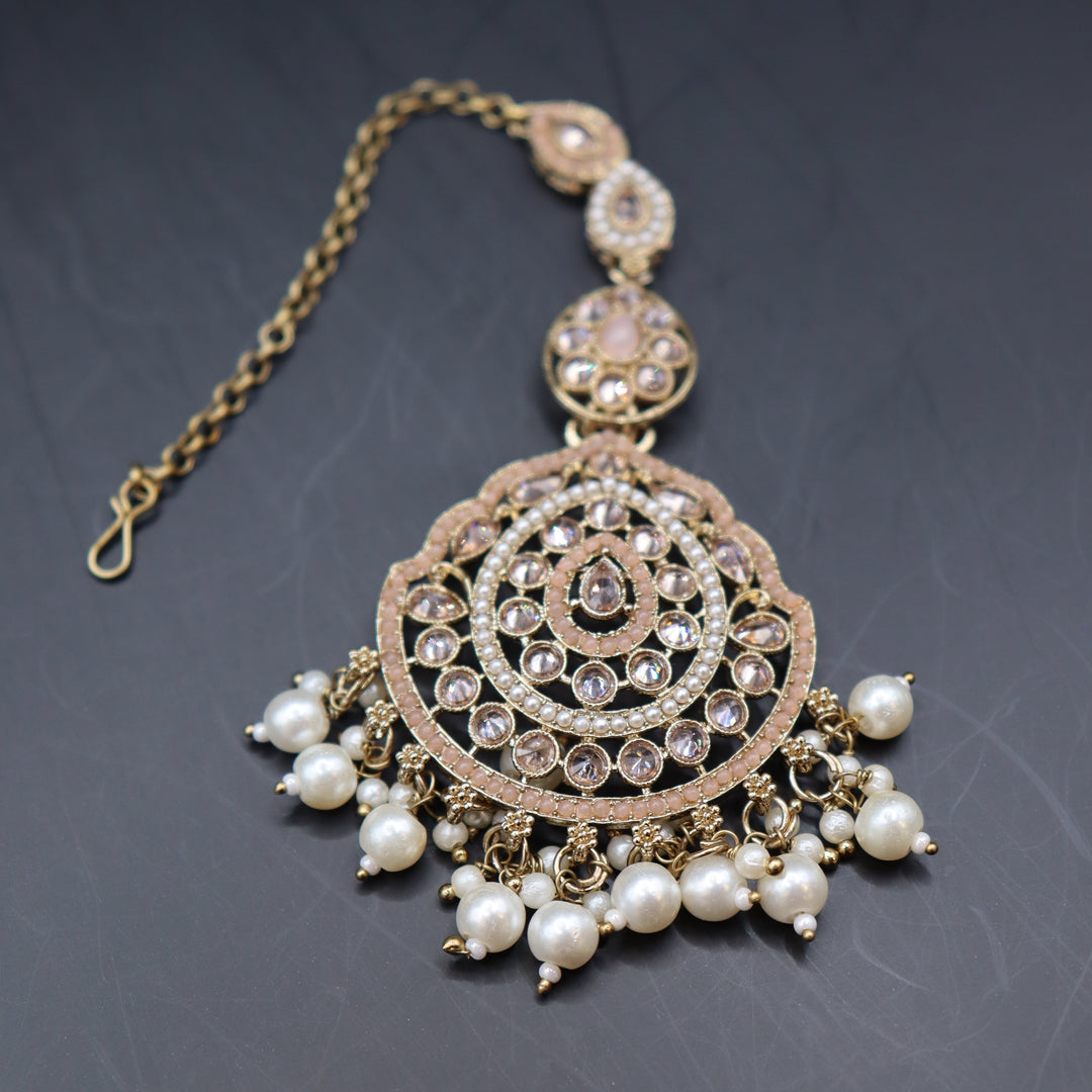 Peachy Beige Premium Quality Reverse AD Stone Worked Necklace Set [SKU: N010471]