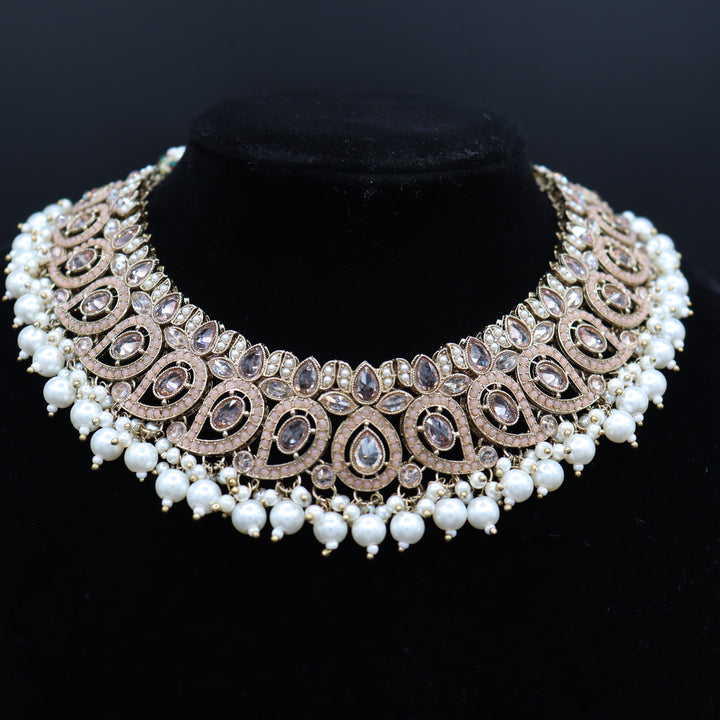 Peachy Beige Premium Quality Reverse AD Stone Worked Necklace Set [SKU: N010471]