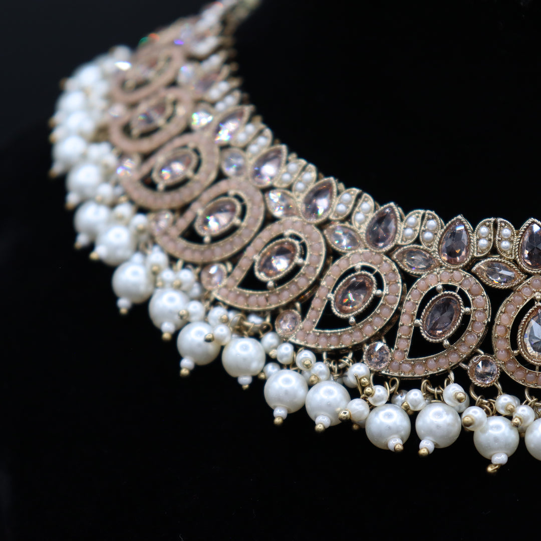 Peachy Beige Premium Quality Reverse AD Stone Worked Necklace Set [SKU: N010471]