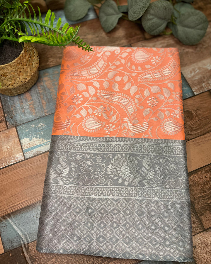 # Grey Orange Pure Litchi Silk Saree [SKU: SO105320]