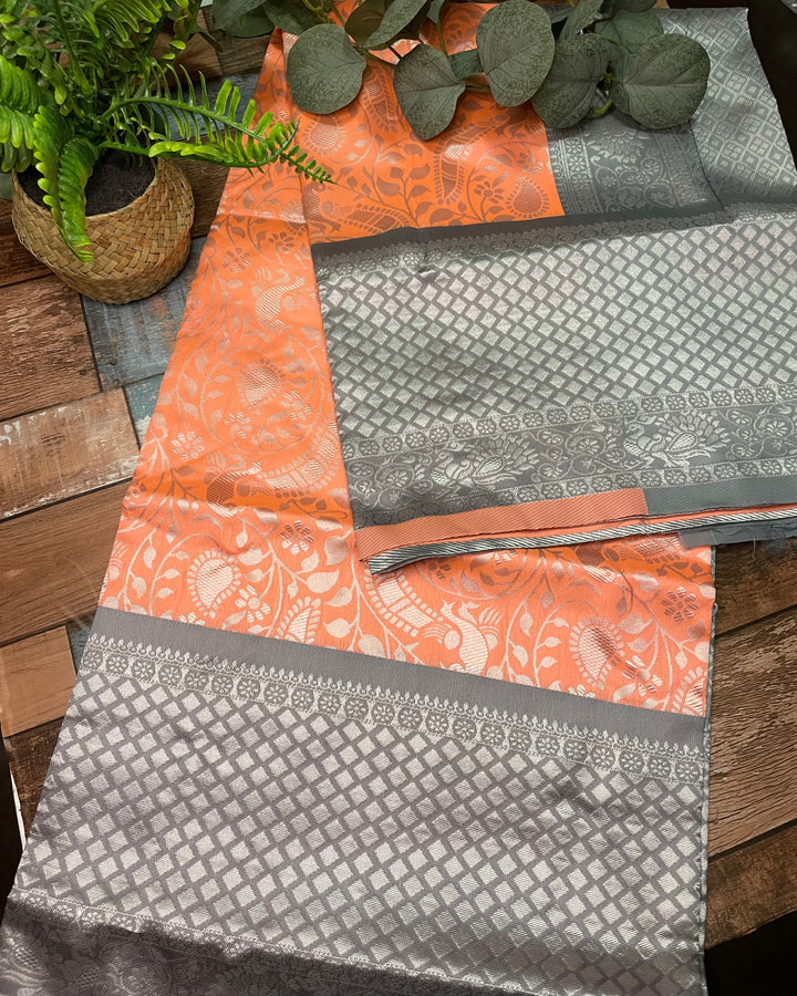 # Grey Orange Pure Litchi Silk Saree [SKU: SO105320]