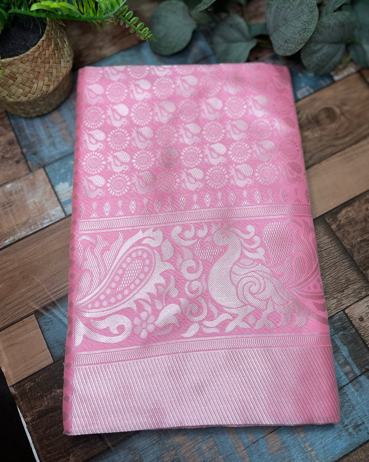 # Pink Pure Litchi Silk Saree With Silver Work [SKU: SO209901]