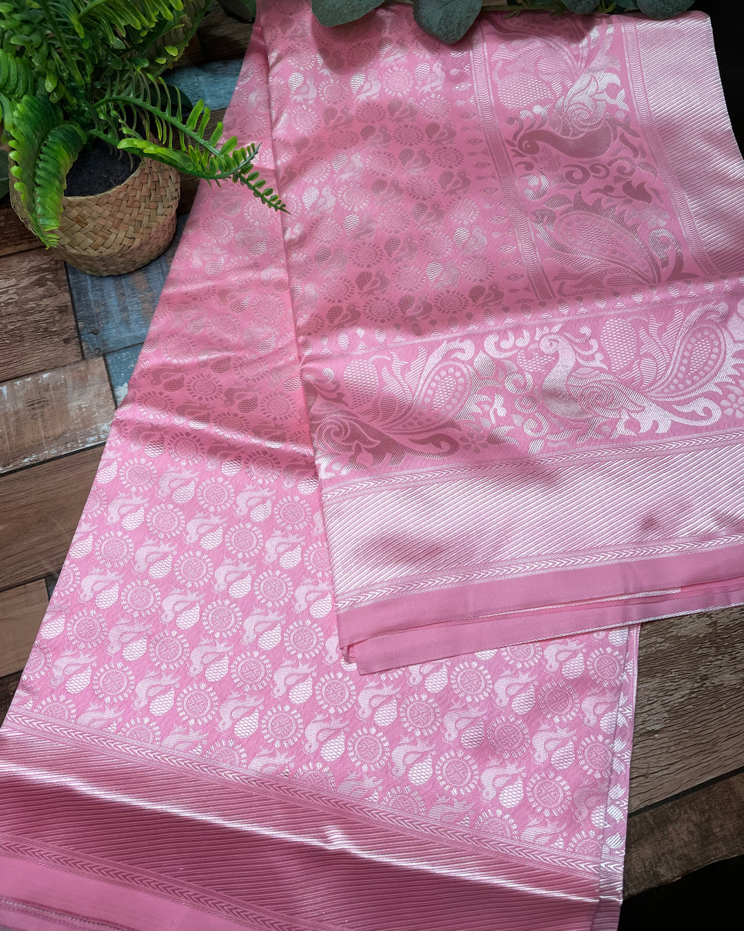 # Pink Pure Litchi Silk Saree With Silver Work [SKU: SO209901]