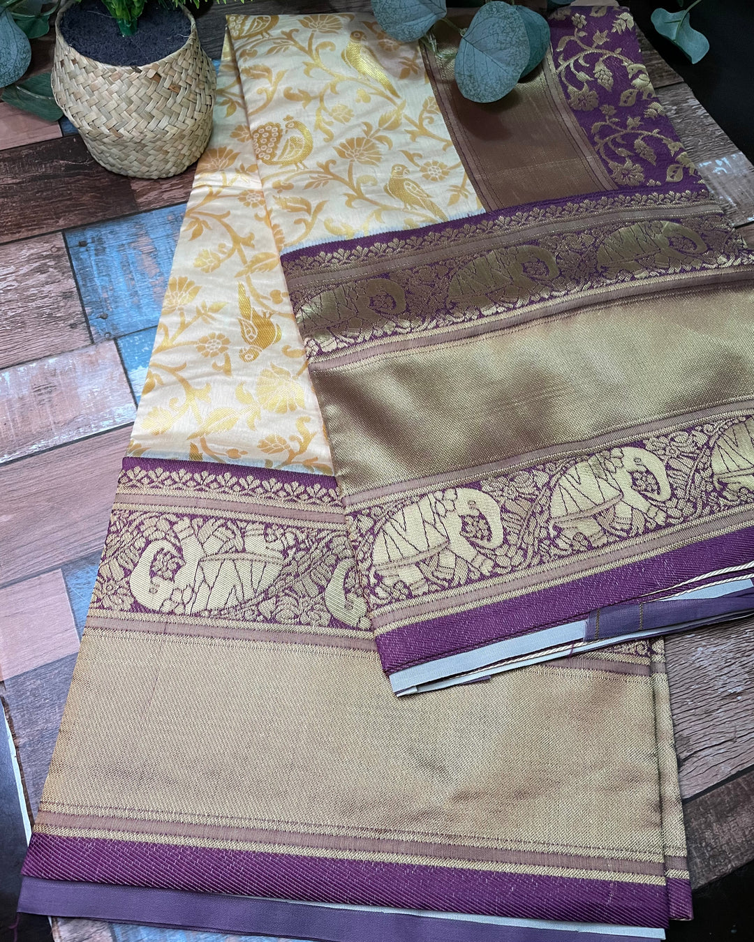 # Creamy Purple Pure Lichi Silk Saree [SKU: SO105017]