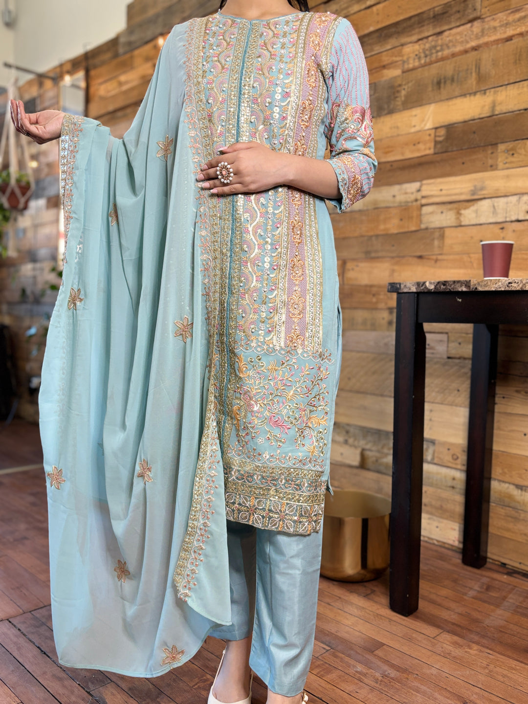 Sky Blue Premium Maaria-A Faux Georgette Salwar Suit [SKU D105133]