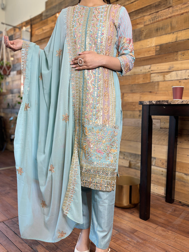 Sky Blue Premium Maaria-A Faux Georgette Salwar Suit [SKU D105133]