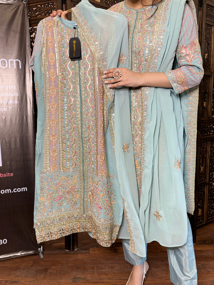 Sky Blue Premium Maaria-A Faux Georgette Salwar Suit [SKU D105133]