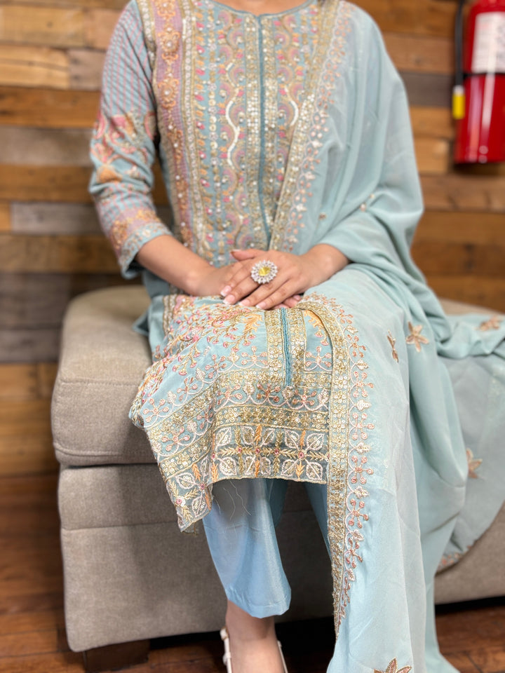 Sky Blue Premium Maaria-A Faux Georgette Salwar Suit [SKU D105133]
