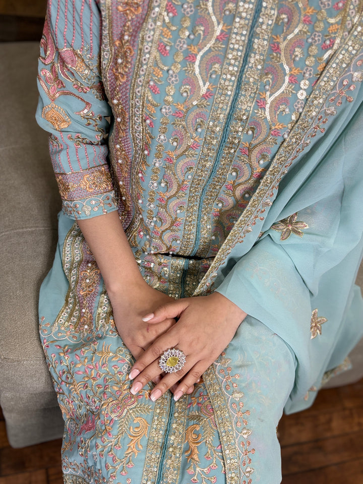 Sky Blue Premium Maaria-A Faux Georgette Salwar Suit [SKU D105133]