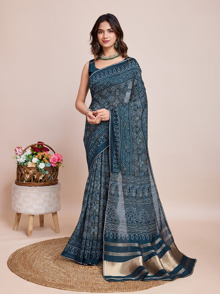 Rama green khadi bandhani printed cotton saree [SKU:S103161]