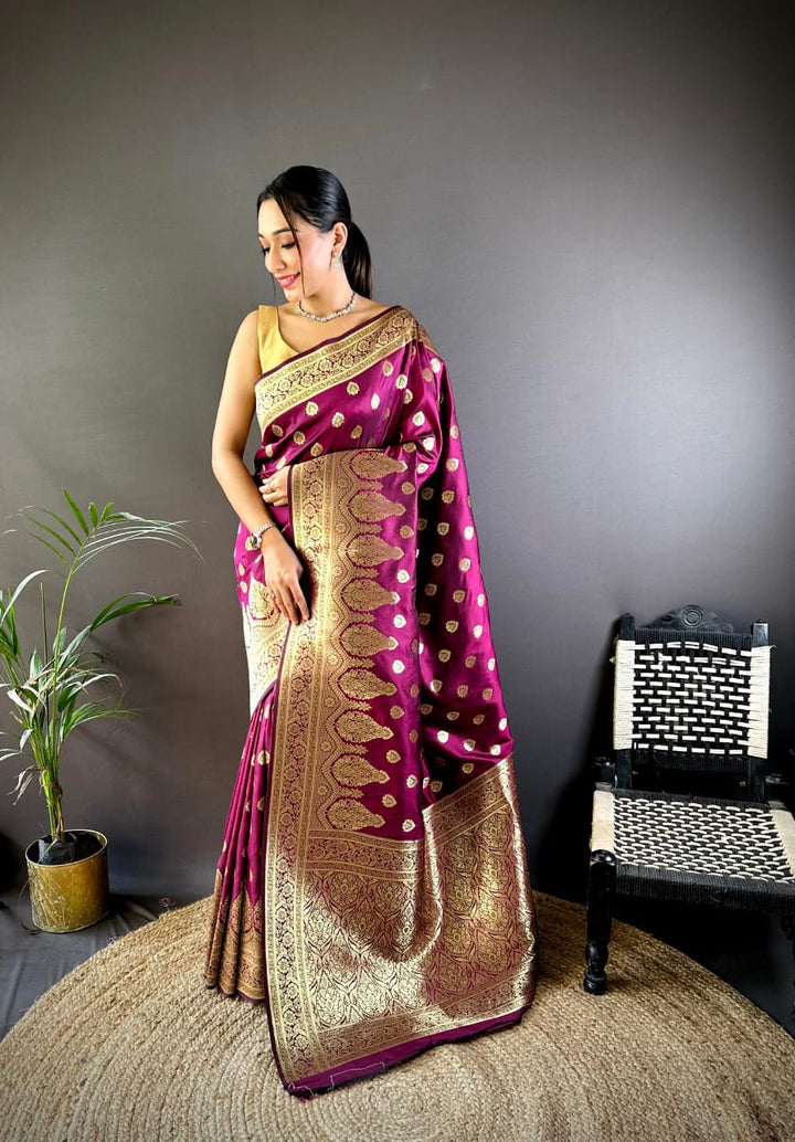 Magenta banarasi lichi silk saree with zari weaving work [SKU:S100702]