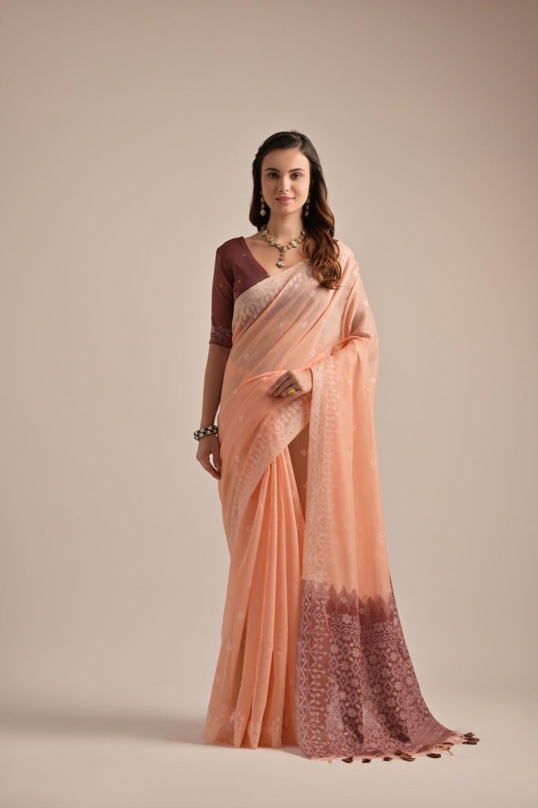 Peach premium muga cotton saree with jamdani weaving work [ SKU: S102852 ]