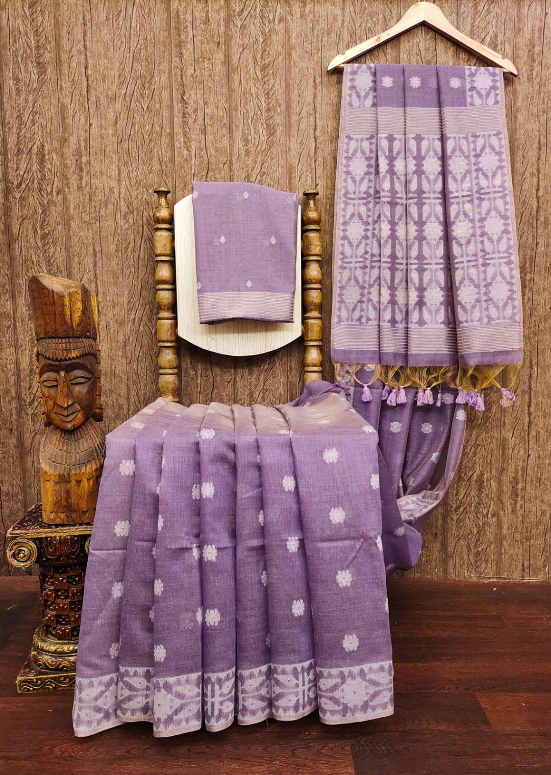 Lavender soft muga cotton saree with jamdani weaving work [SKU:S101952]