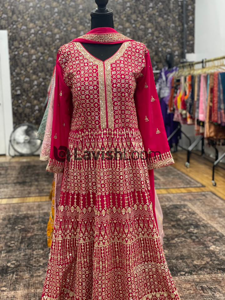 HOT PINK REAL GEORGETTE GOWN WITH DUPATTA [SKU:D105565]