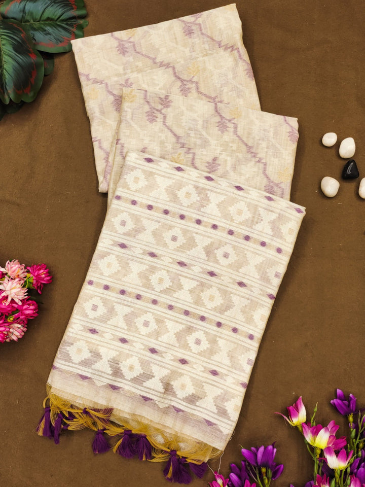 Cream soft muga cotton saree with jamdani weaving work [ SKU: S102652 ]