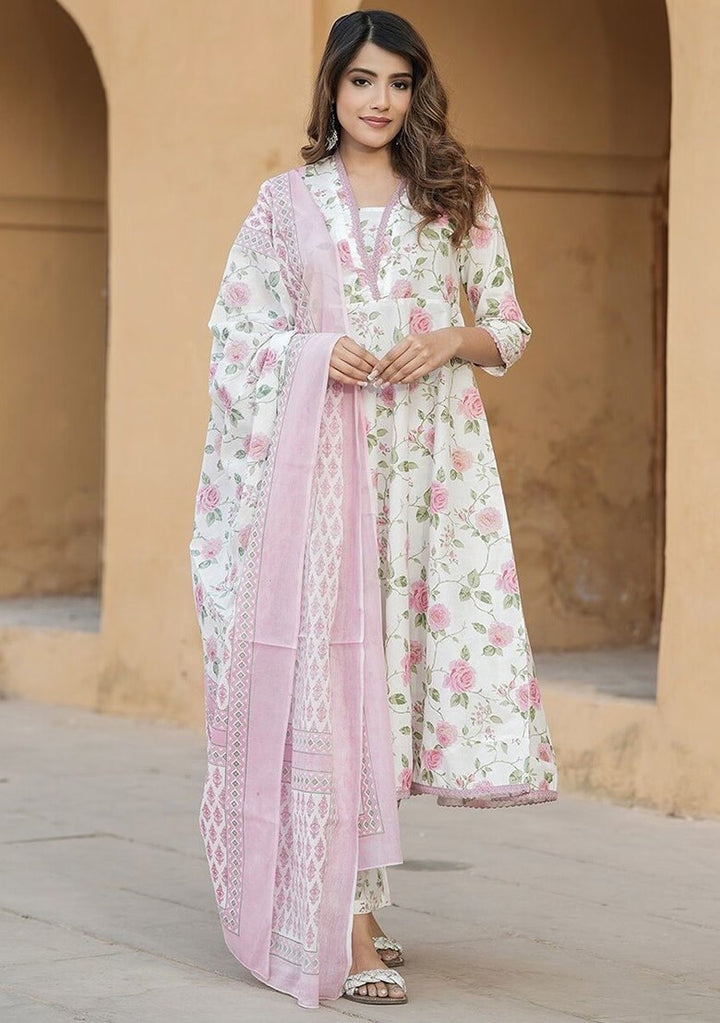 Pink Floral Printed With Lace Work and Flared