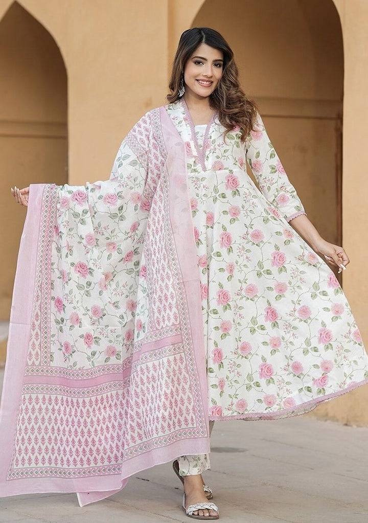 Pink Floral Printed With Lace Work and Flared
