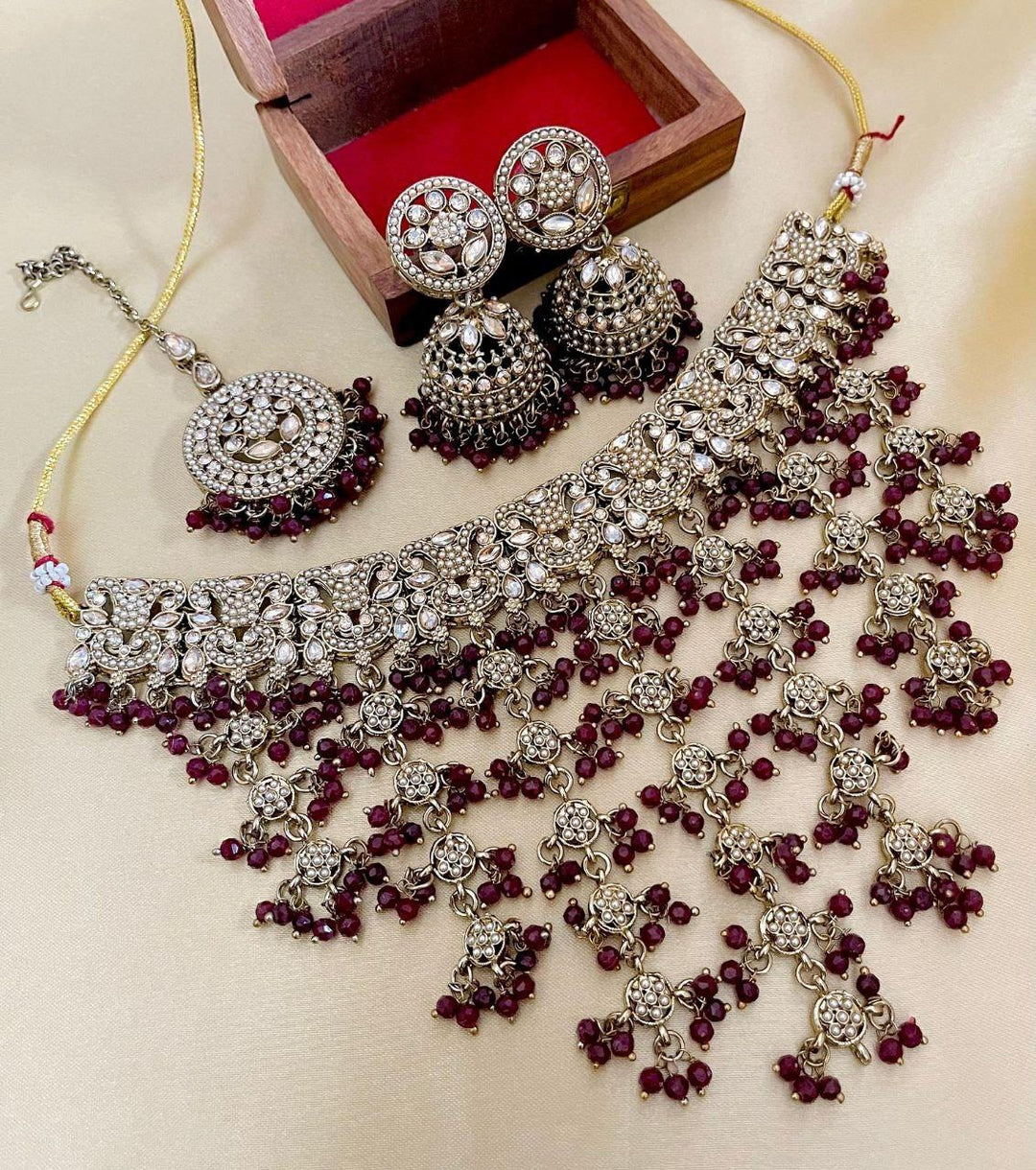 Maroon Premium Quality Reverse AD Stone Work Choker Set [SKU: N010812]