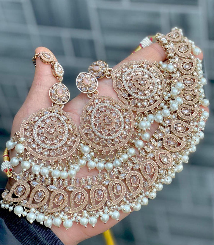 Peachy Beige Premium Quality Reverse AD Stone Worked Necklace Set [SKU: N010471]