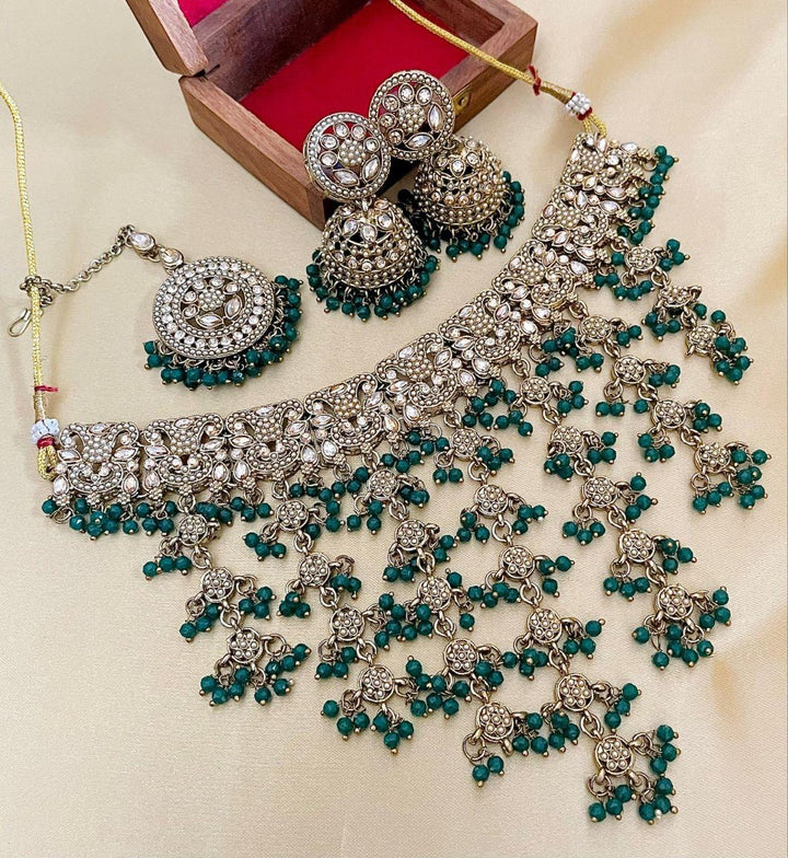 Green Premium Quality Reverse AD Stone Work Choker Set [SKU: N011012]