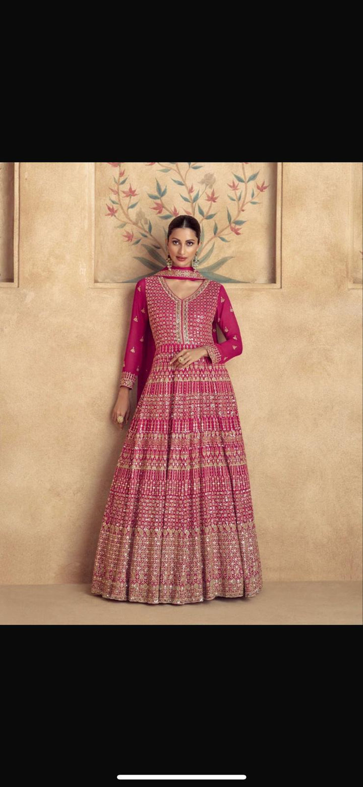HOT PINK REAL GEORGETTE GOWN WITH DUPATTA [SKU:D105565]