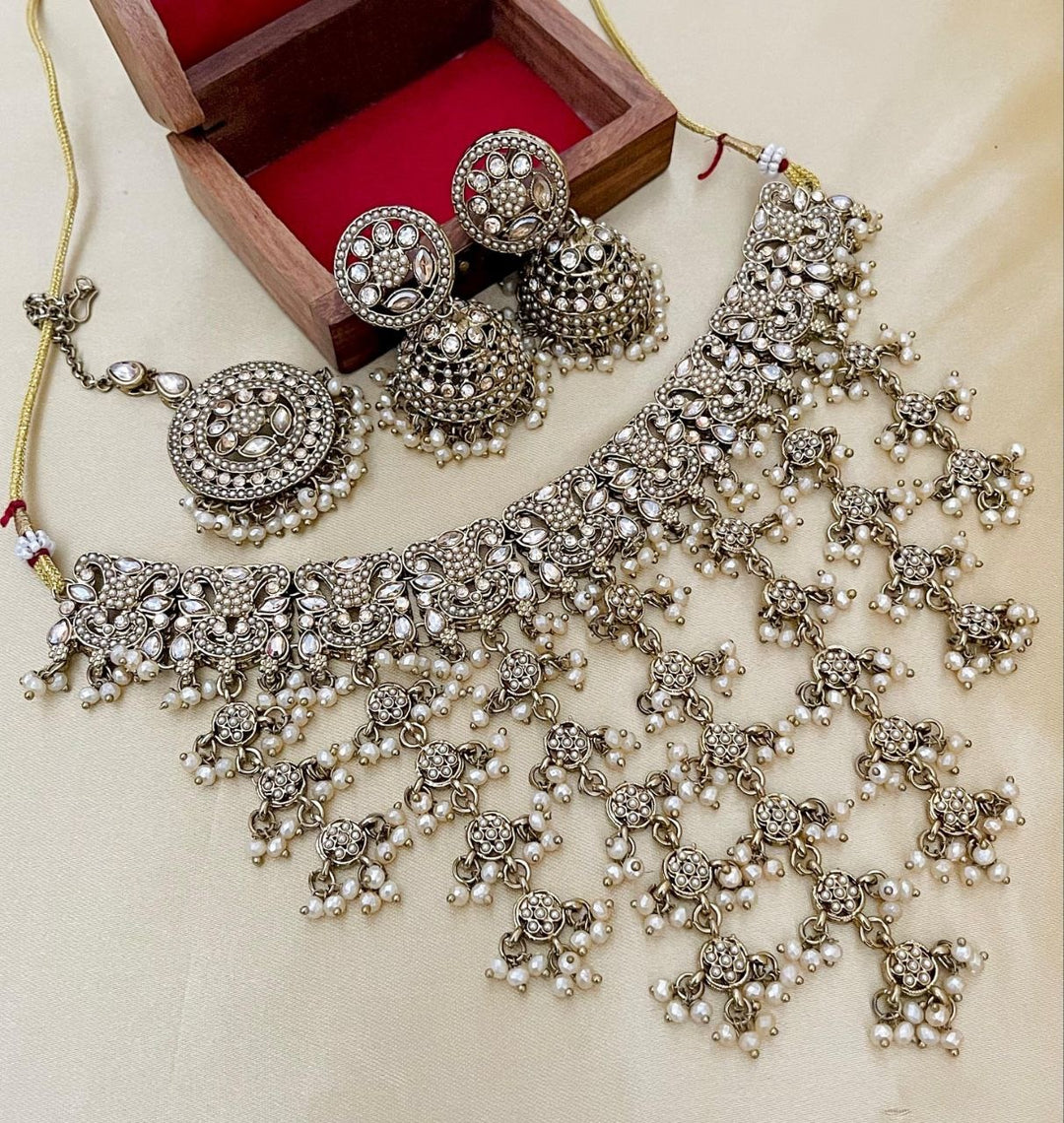 Beige Premium Quality Reverse AD Stone Work Choker Set [SKU: N010912]