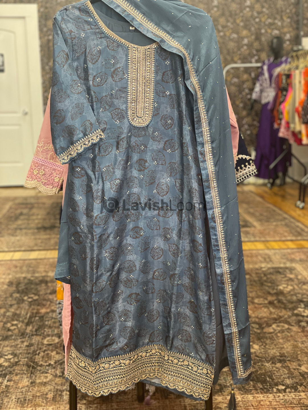 Dusty Blue  Chinon Digital Printed Salwar Suit [sku D100333]