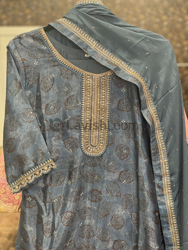 Dusty Blue  Chinon Digital Printed Salwar Suit [sku D100333]