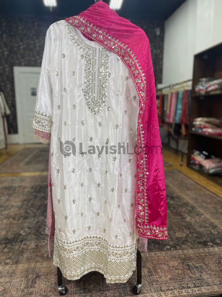 White Premium Heavy Chinon Sequins Worked Salwar Suit. [SKU D101652]