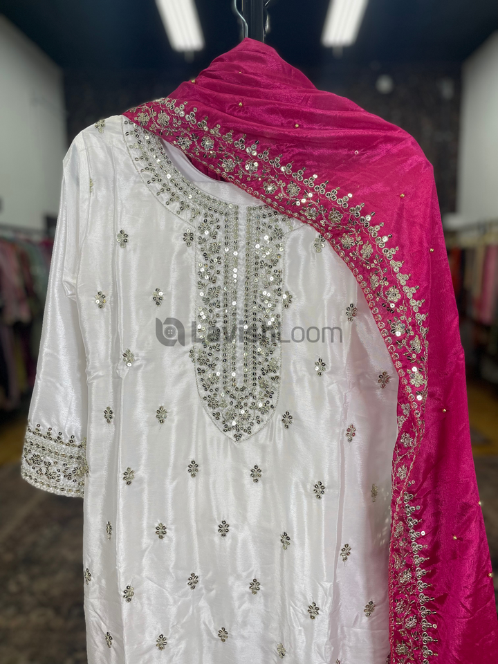 White Premium Heavy Chinon Sequins Worked Salwar Suit. [SKU D101652]