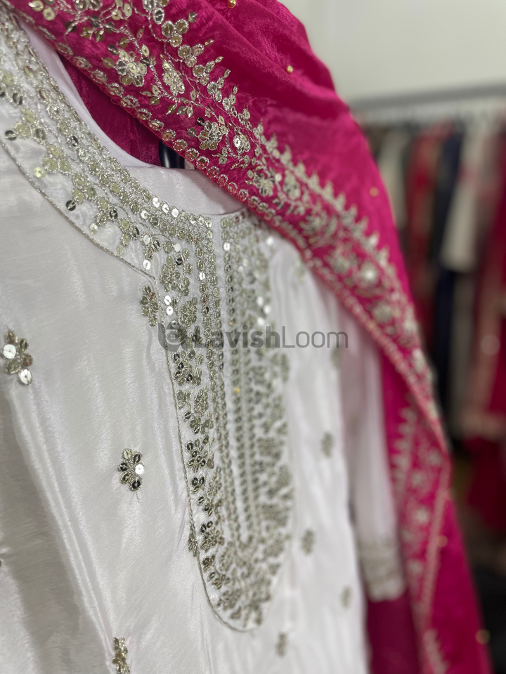 White Premium Heavy Chinon Sequins Worked Salwar Suit. [SKU D101652]