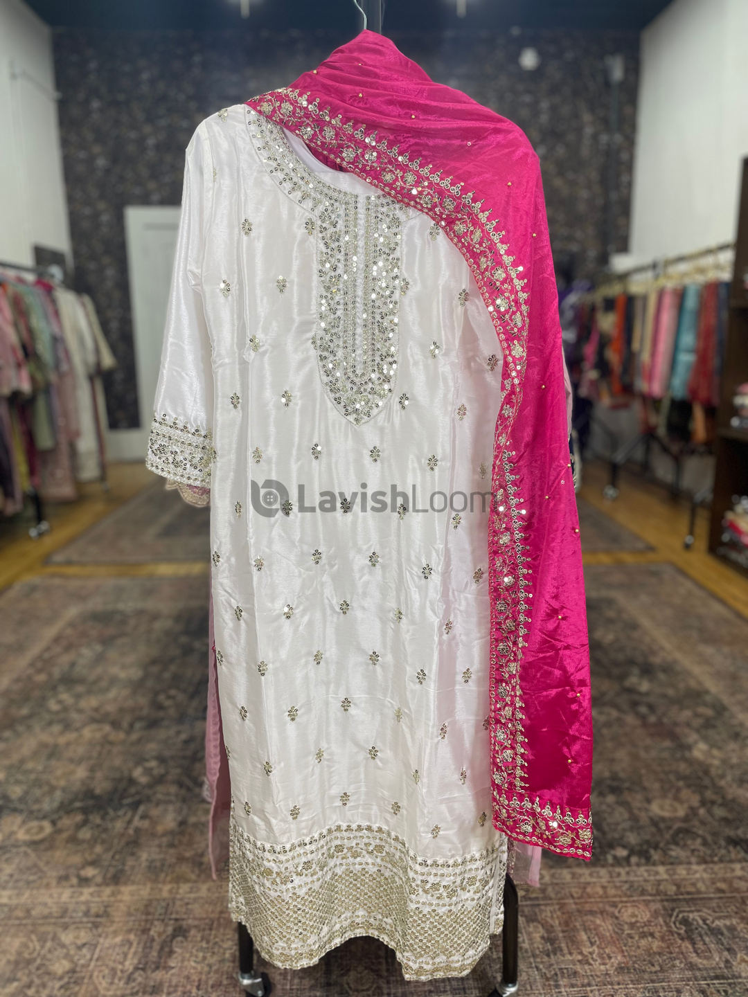 White Premium Heavy Chinon Sequins Worked Salwar Suit. [SKU D101652]