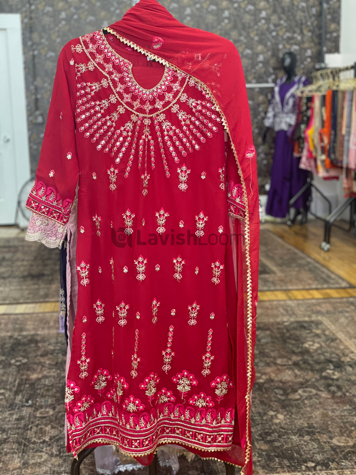 Red Faux Georgette Embroidery Worked Salwar Suit  [SKU D106782]
