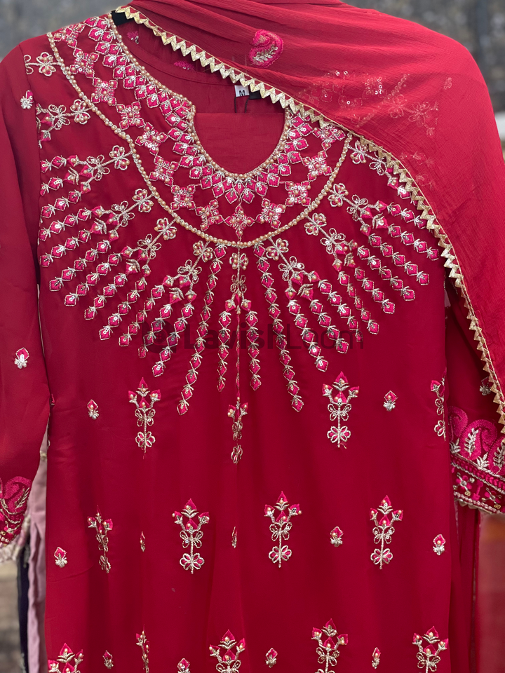 Red Faux Georgette Embroidery Worked Salwar Suit  [SKU D106782]