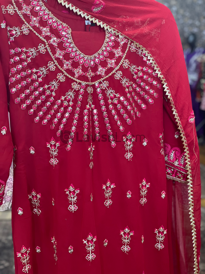 Red Faux Georgette Embroidery Worked Salwar Suit  [SKU D106782]
